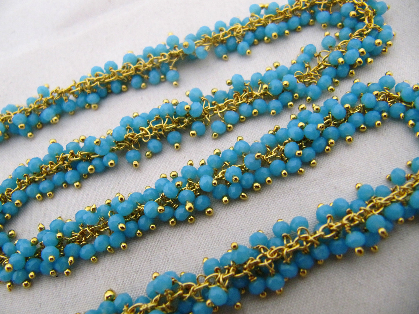 Aqua Chalcedony Hydro Quartz Rondelle Faceted 3mm Beads Cluster Dangling Chain Wire Wrapped Grape Beaded Rosary chain sold per foot