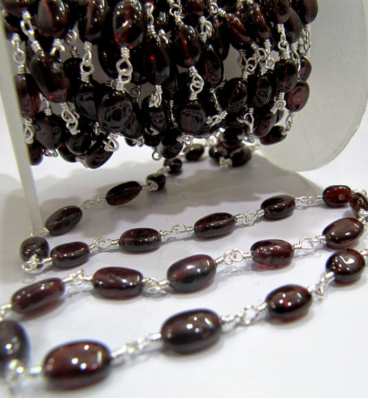 Natural Garnet Oval Plain Smooth Approx 5x7mm to 6x8mm Beaded Rosary Chain Sold Per Foot High Quality Wholesale Price Jewelry making chain