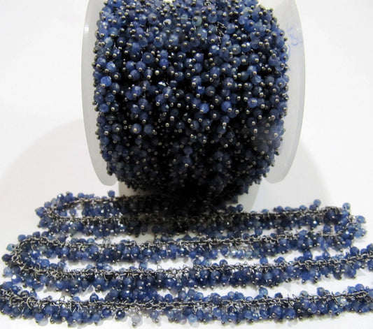 Blue Sapphire Rondelle Faceted 3mm Beads Cluster Rosary Chain Wire Wrap Dangling Beaded handmade chain Sold Per Foot Wholesale Price
