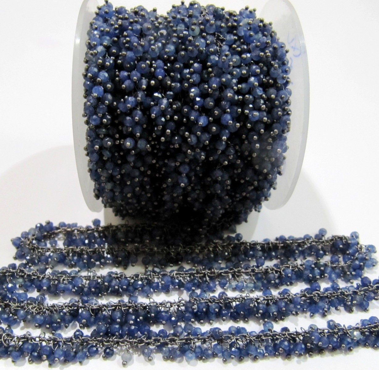 Blue Sapphire Rondelle Faceted 3mm Beads Cluster Rosary Chain Wire Wrap Dangling Beaded handmade chain Sold Per Foot Wholesale Price