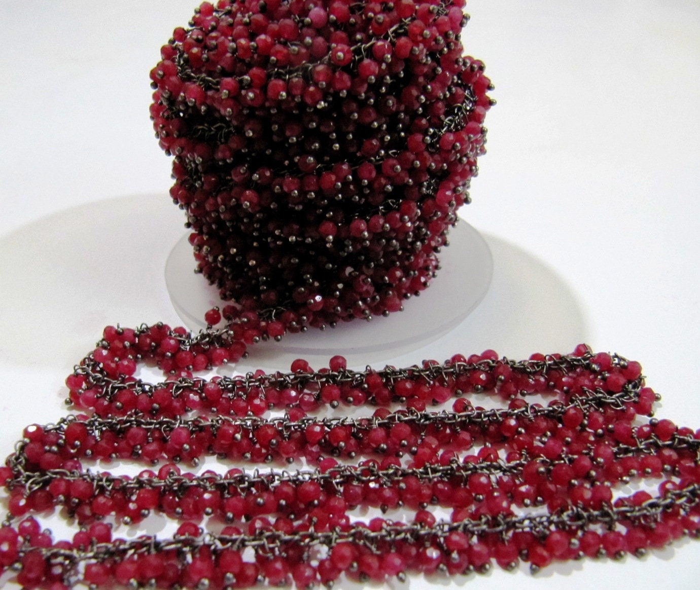 Ruby Corundum Rondelle  Faceted  Grape Rosary Chain Size 3-4mm Wire Wrap Beaded  Sold Per Foot Wholesale Price Jewelry Making Corundum chain