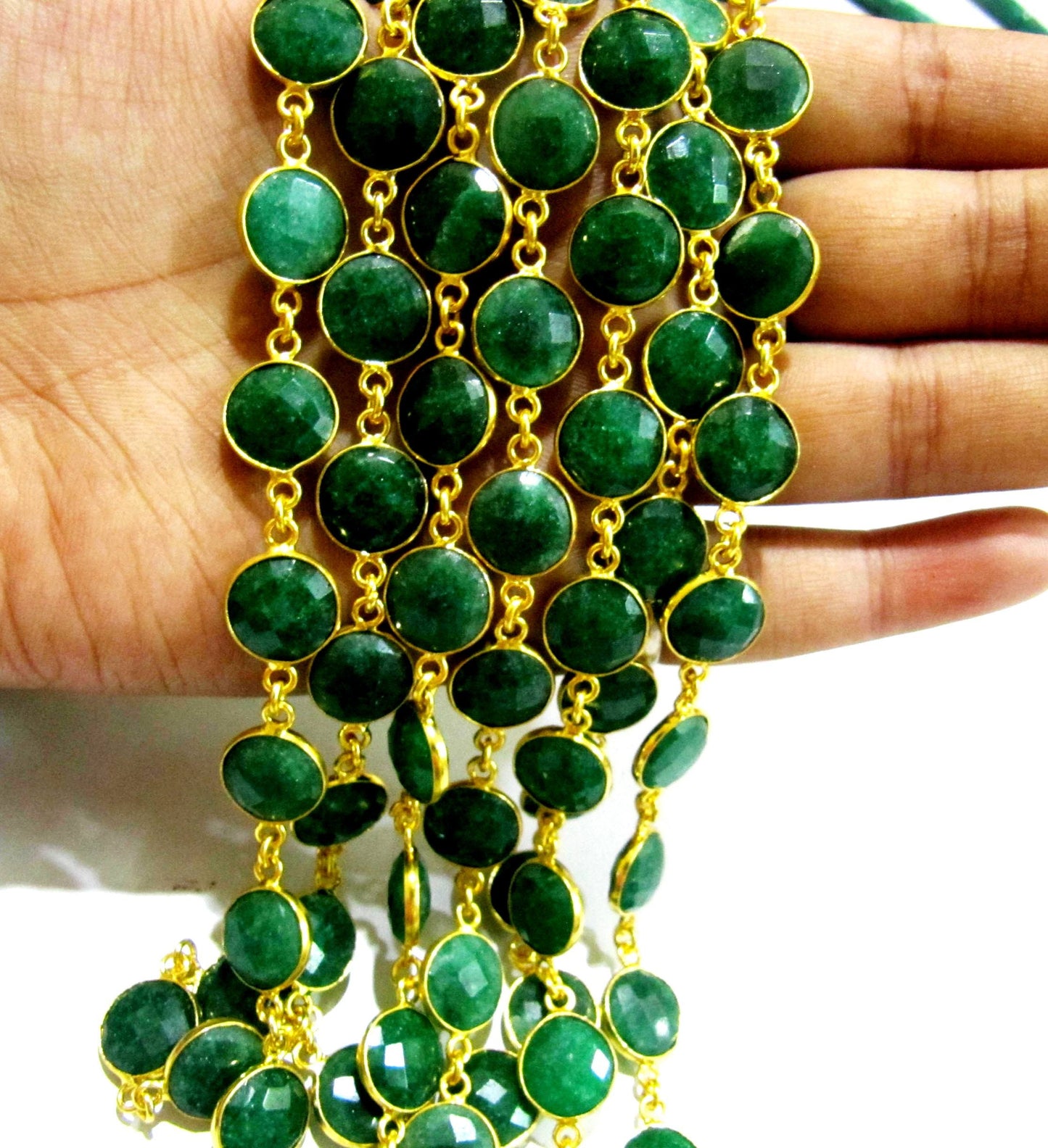 Emerald  Round coin 10mm Briolette Faceted  Bezel Connector Chain  Handmade Bezel Chain Sold Per Foot High Quality  Wholesale price Jewelry