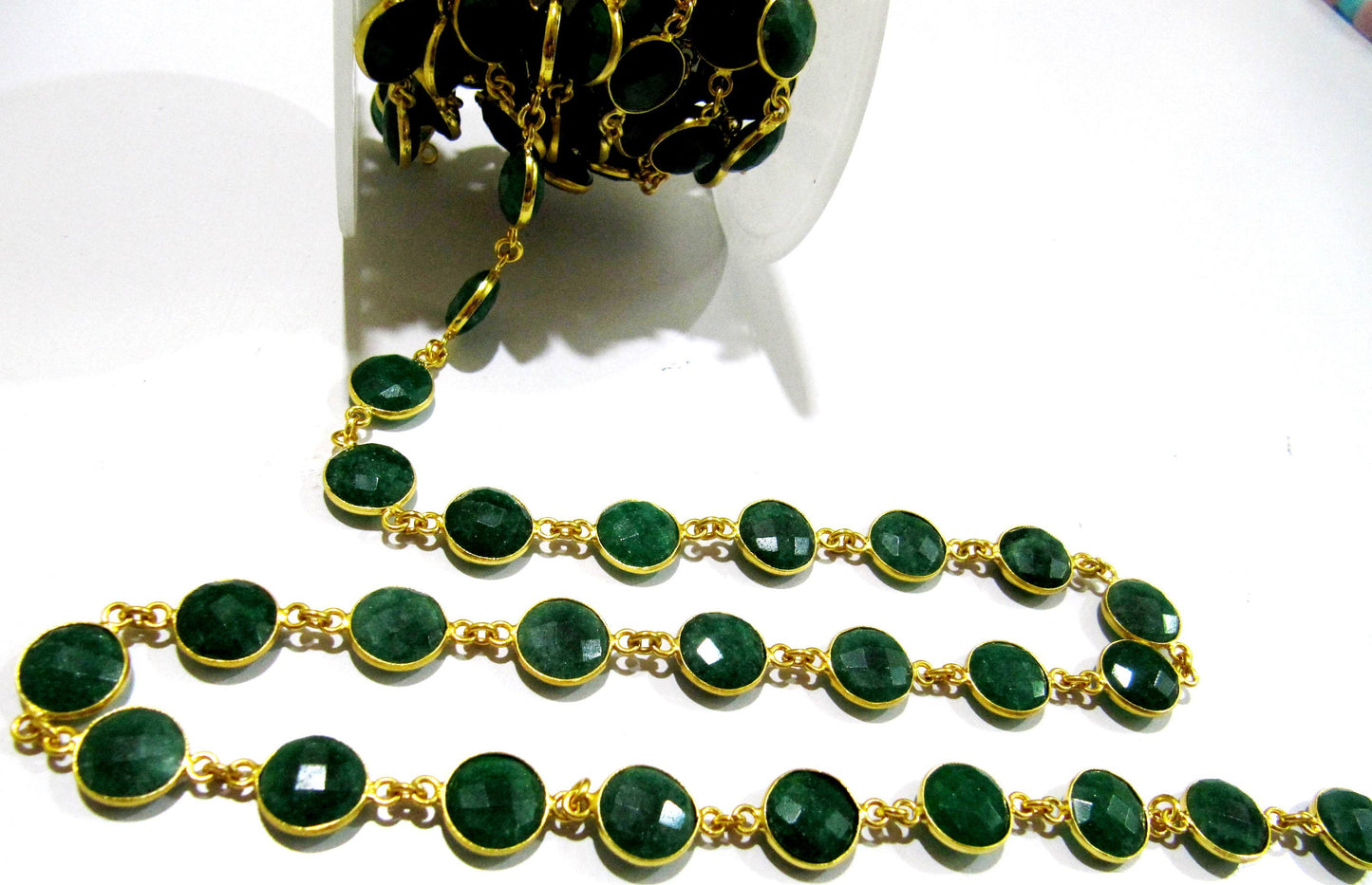 Emerald  Round coin 10mm Briolette Faceted  Bezel Connector Chain  Handmade Bezel Chain Sold Per Foot High Quality  Wholesale price Jewelry