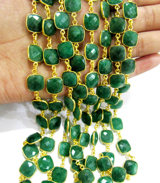 Emerald  Cushion Shape Briolette Bezel Connector Chain 10mm  Sold Per Foot Wholesale price Jewelry making Handmade chain