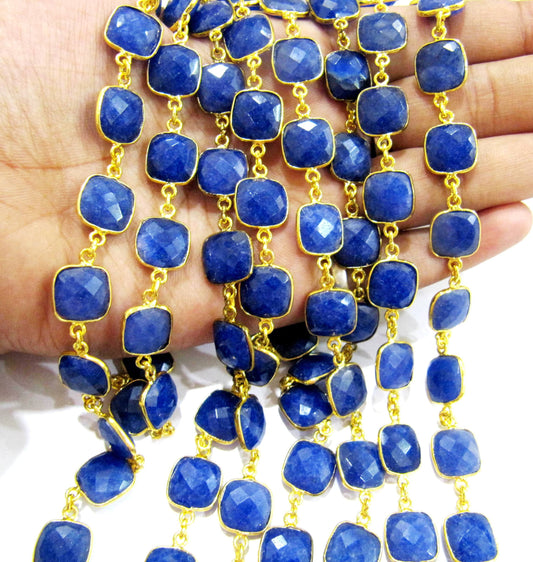 Blue Sapphire Cushion Shape Briolette Faceted  Bezel Connector Chain 10 mm stone Sold Per Foot Wholesale price Jewelry making Chain