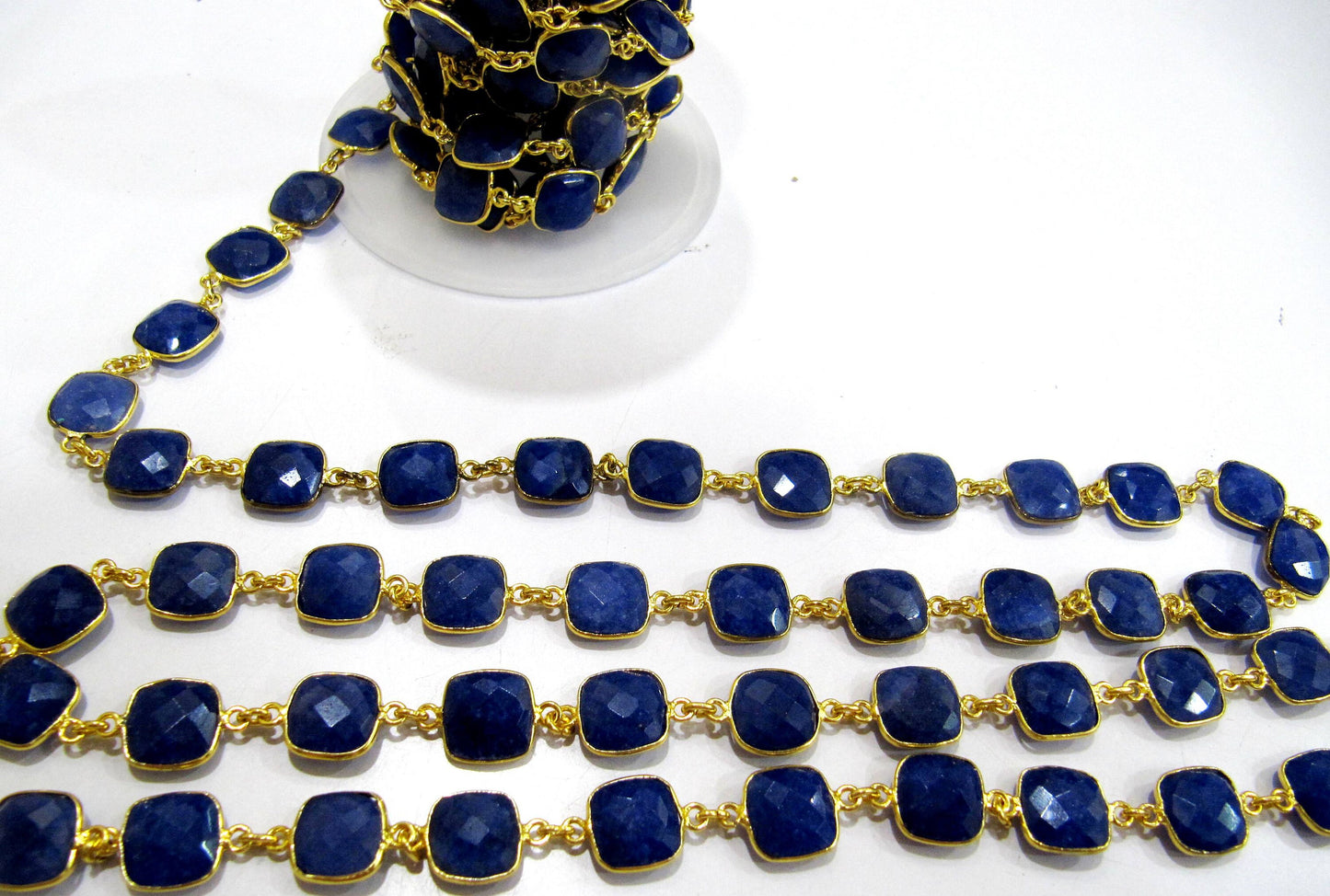 Blue Sapphire Cushion Shape Briolette Faceted  Bezel Connector Chain 10 mm stone Sold Per Foot Wholesale price Jewelry making Chain