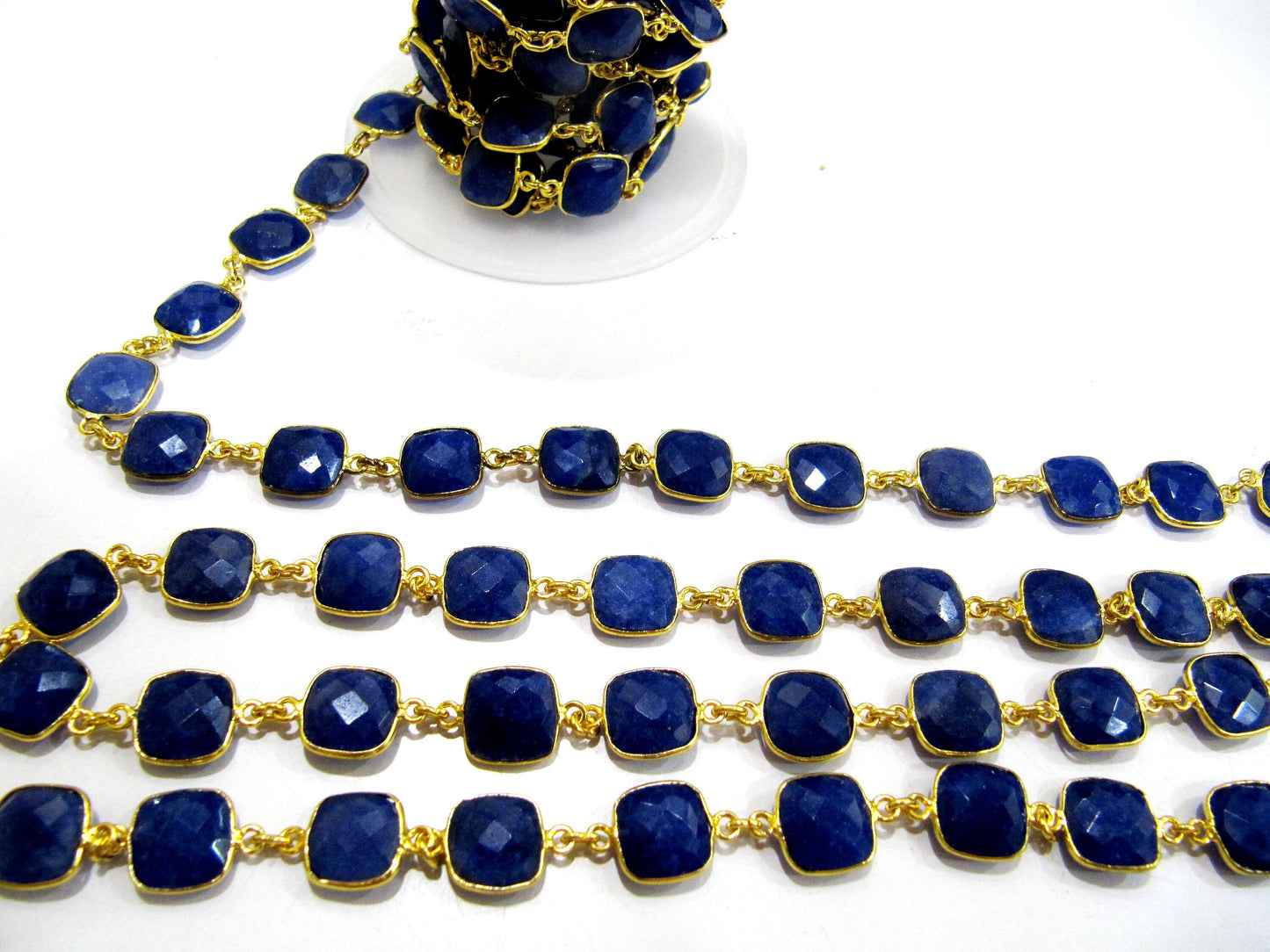Blue Sapphire Cushion Shape Briolette Faceted  Bezel Connector Chain 10 mm stone Sold Per Foot Wholesale price Jewelry making Chain