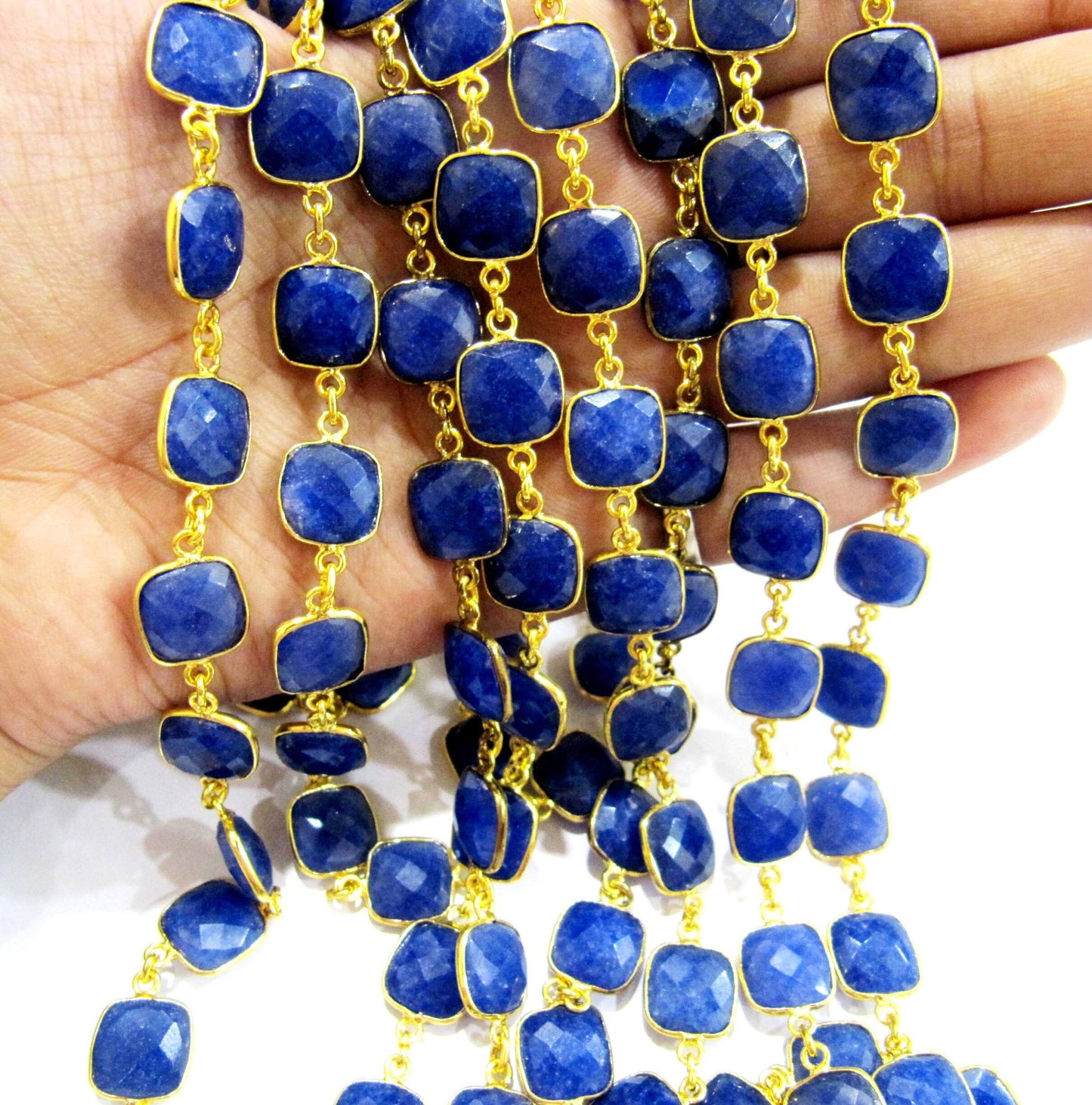 Blue Sapphire Cushion Shape Briolette Faceted  Bezel Connector Chain 10 mm stone Sold Per Foot Wholesale price Jewelry making Chain