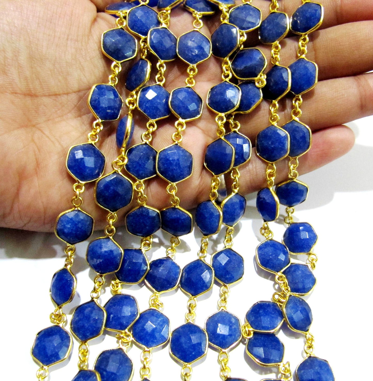 Dyed Blue Sapphire Hexagon Briolette Faceted  Bezel Connector Chain 10mm Plated Sold Per Foot High Quality Wholesale price gemstone chain