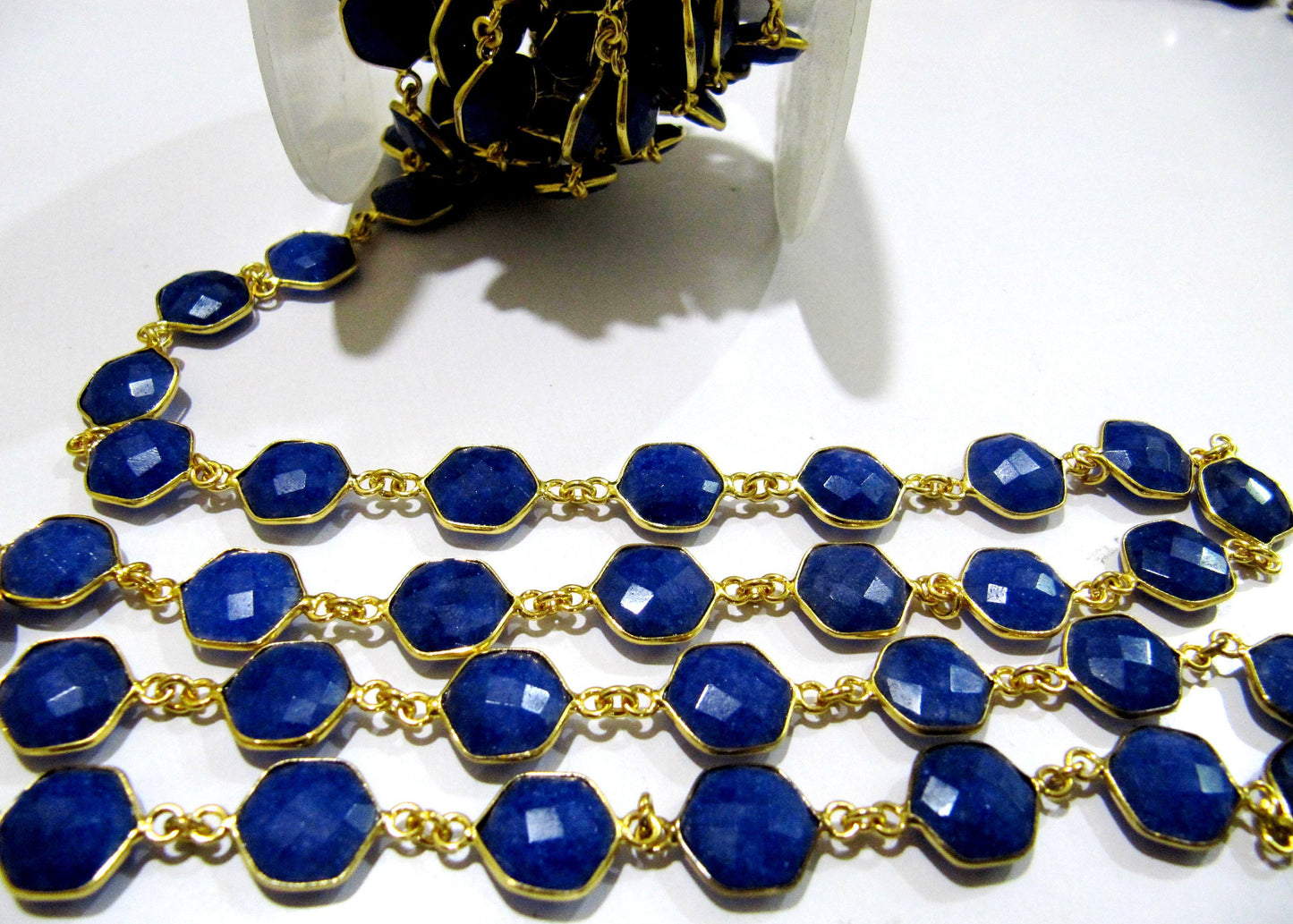 Dyed Blue Sapphire Hexagon Briolette Faceted  Bezel Connector Chain 10mm Plated Sold Per Foot High Quality Wholesale price gemstone chain
