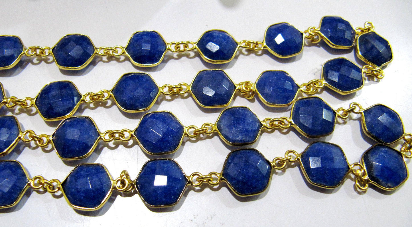 Dyed Blue Sapphire Hexagon Briolette Faceted  Bezel Connector Chain 10mm Plated Sold Per Foot High Quality Wholesale price gemstone chain