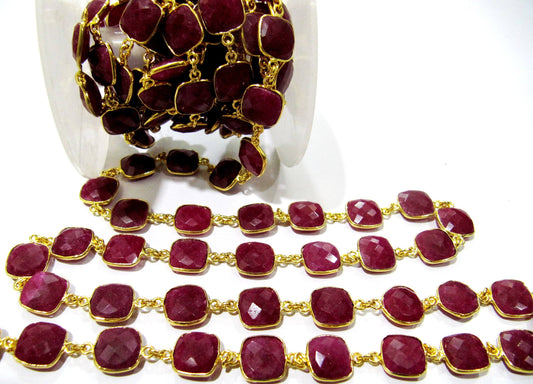 Ruby Cushion Shape Square Briolette Faceted  Bezel Connector Chain 10 mm Sold Per Foot Wholesale price Jewelry making Chain