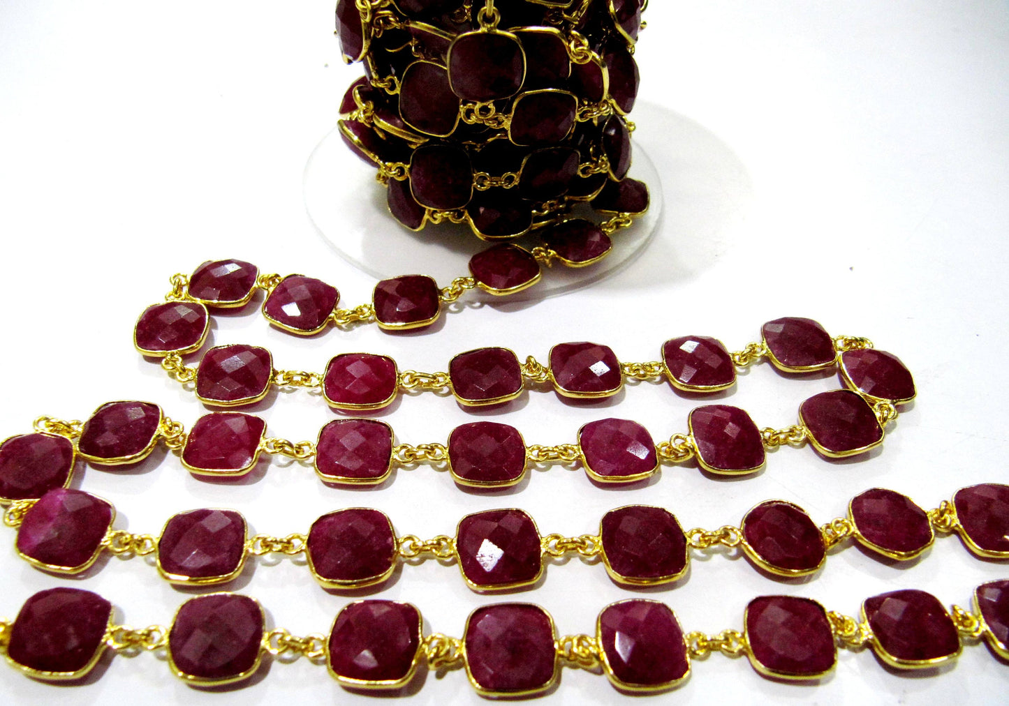 Ruby Cushion Shape Square Briolette Faceted  Bezel Connector Chain 10 mm Sold Per Foot Wholesale price Jewelry making Chain