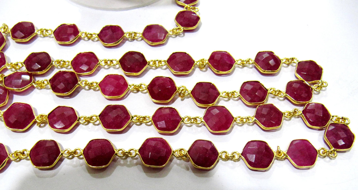 Dyed Ruby Hexagon Briolette Faceted Stone Bezel Connector Chain 10mm Sold Per Foot High Quality Wholesale price gemstone chain