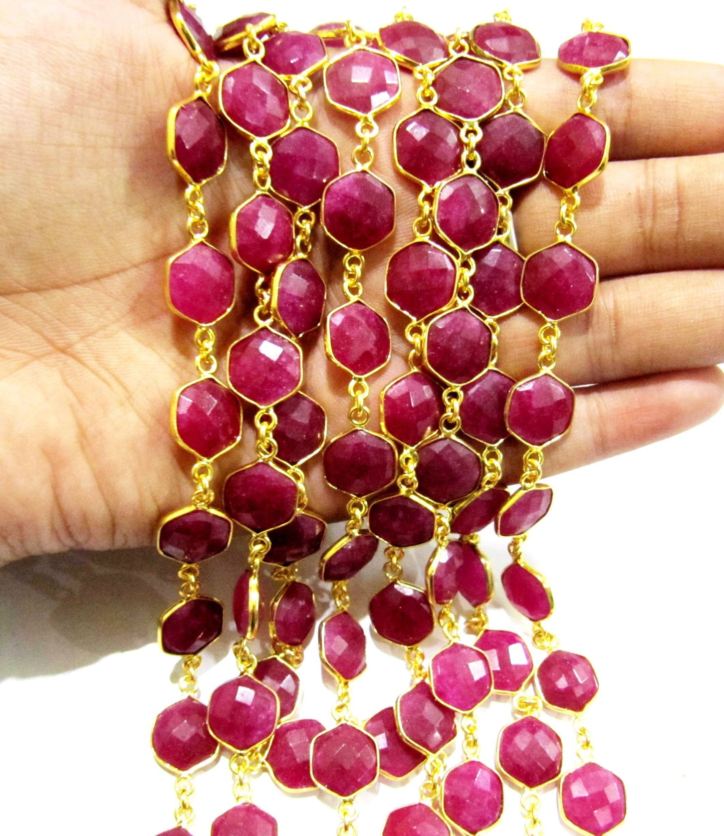 Dyed Ruby Hexagon Briolette Faceted Stone Bezel Connector Chain 10mm Sold Per Foot High Quality Wholesale price gemstone chain