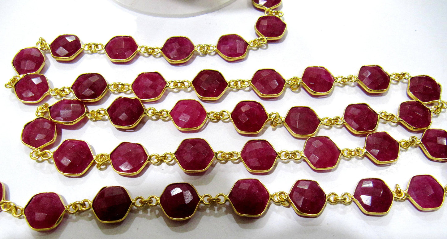 Dyed Ruby Hexagon Briolette Faceted Stone Bezel Connector Chain 10mm Sold Per Foot High Quality Wholesale price gemstone chain