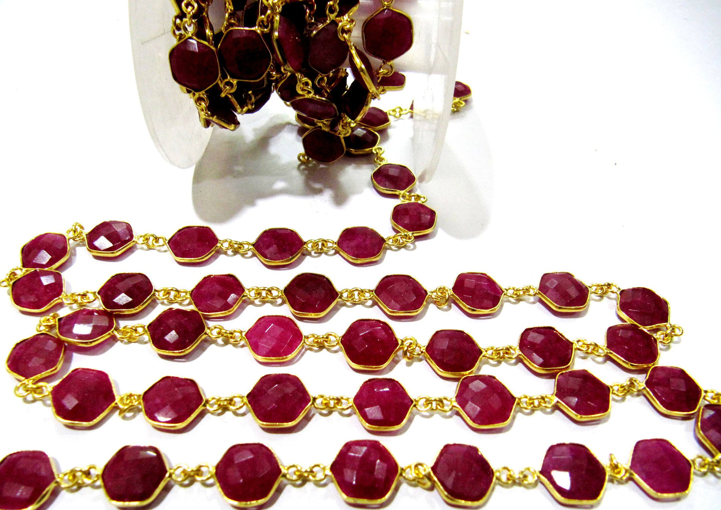 Dyed Ruby Hexagon Briolette Faceted Stone Bezel Connector Chain 10mm Sold Per Foot High Quality Wholesale price gemstone chain
