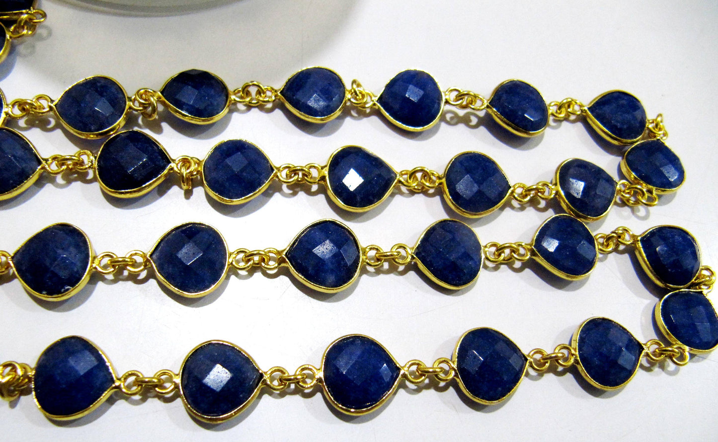 Dyed Blue Sapphire Heart Shape Briolette Faceted  Bezel Connector Chain 10 mm Plated Sold Per Foot Wholesale price Jewelry making Chain