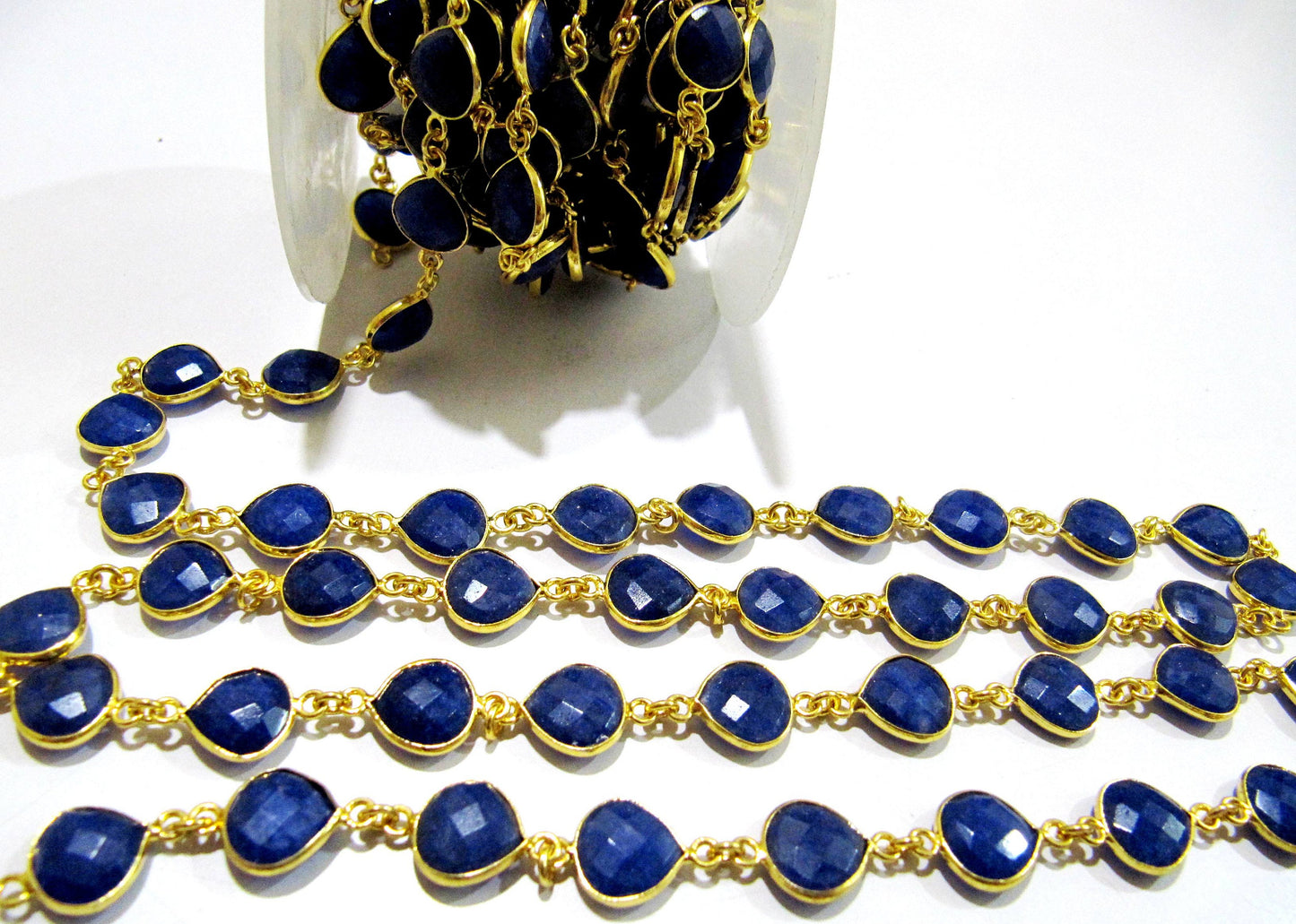 Dyed Blue Sapphire Heart Shape Briolette Faceted  Bezel Connector Chain 10 mm Plated Sold Per Foot Wholesale price Jewelry making Chain