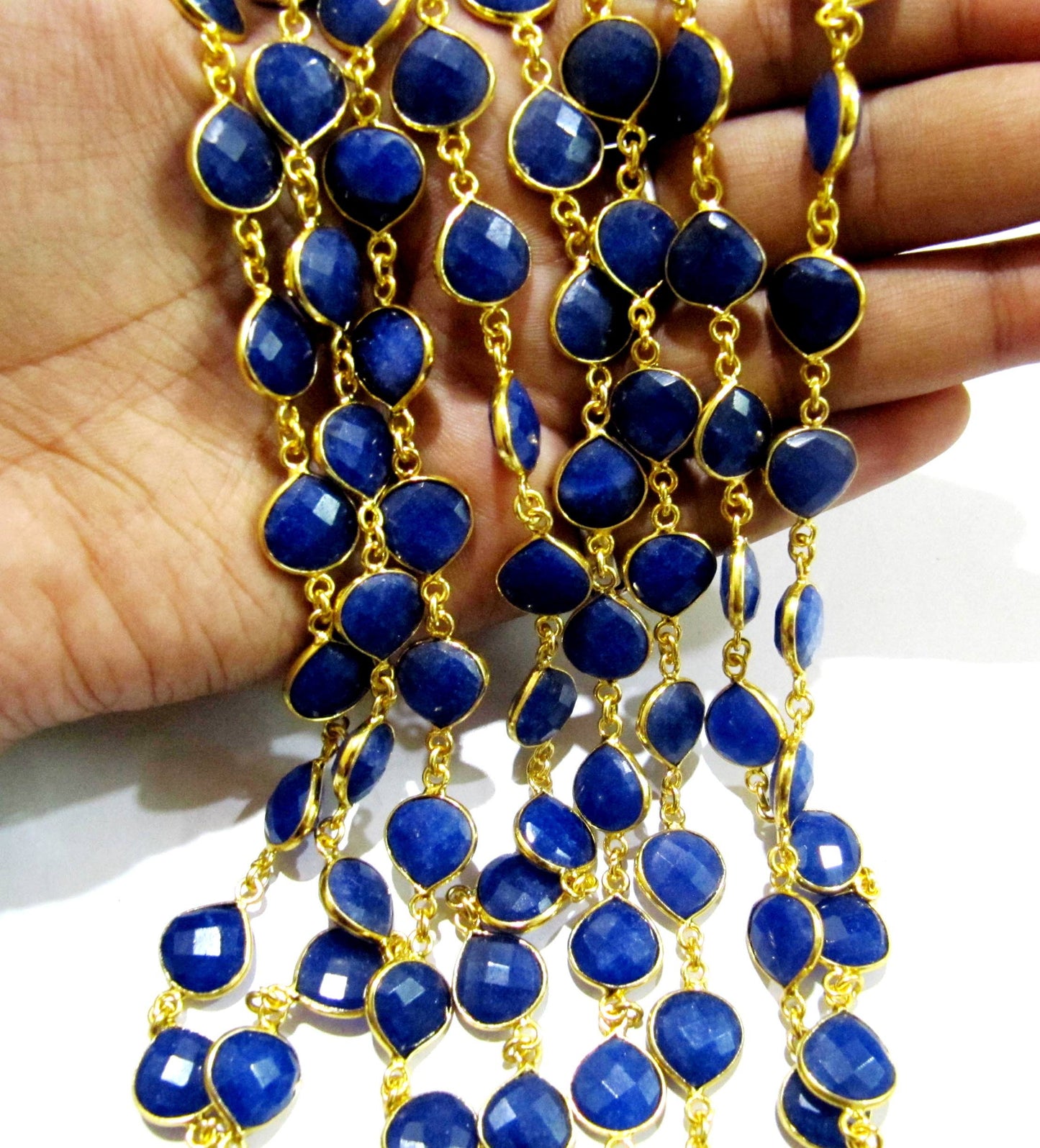 Dyed Blue Sapphire Heart Shape Briolette Faceted  Bezel Connector Chain 10 mm Plated Sold Per Foot Wholesale price Jewelry making Chain