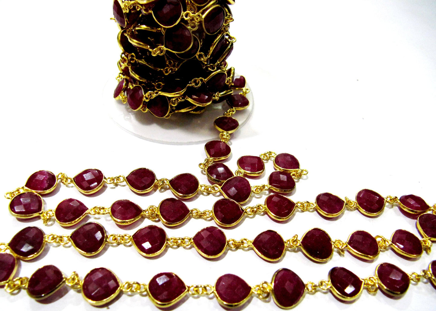 Dyed Ruby Heart Shape Briolette Faceted 10mm Bezel Connector Chain Sold Per Foot Wholesale price Jewelry making Chain