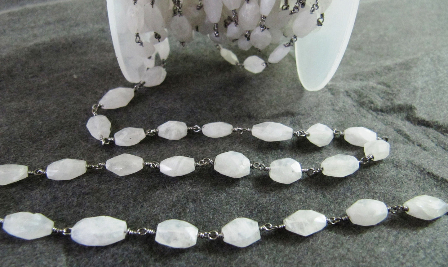 Natural White Rainbow Moonstone Oval Faceted  Beaded Rosary Chain High Quality Semi Precious Beads Handmade Gemstone chain sold per foot