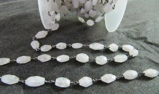 Natural White Rainbow Moonstone Oval Faceted  Beaded Rosary Chain High Quality Semi Precious Beads Handmade Gemstone chain sold per foot