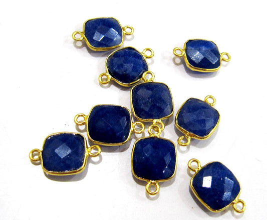 5 Pcs Set Dyed Blue Sapphire Cushion Shape Square 10mm Briolette Connectors Double Loop Bezel Jewelry Making  Connectors