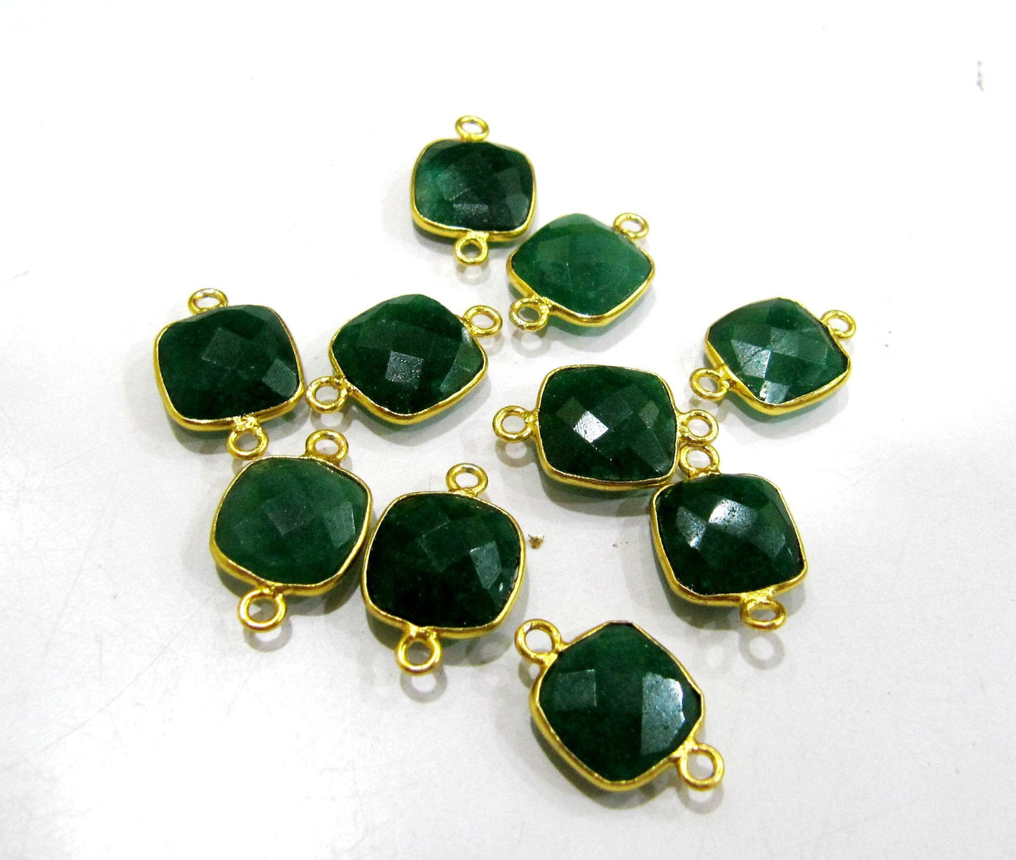 5 Pcs Set Dyed Emerald Cushion Shape Square 10mm Briolette Connectors Double Loop Emerald Bezel Jewelry Making Connectors