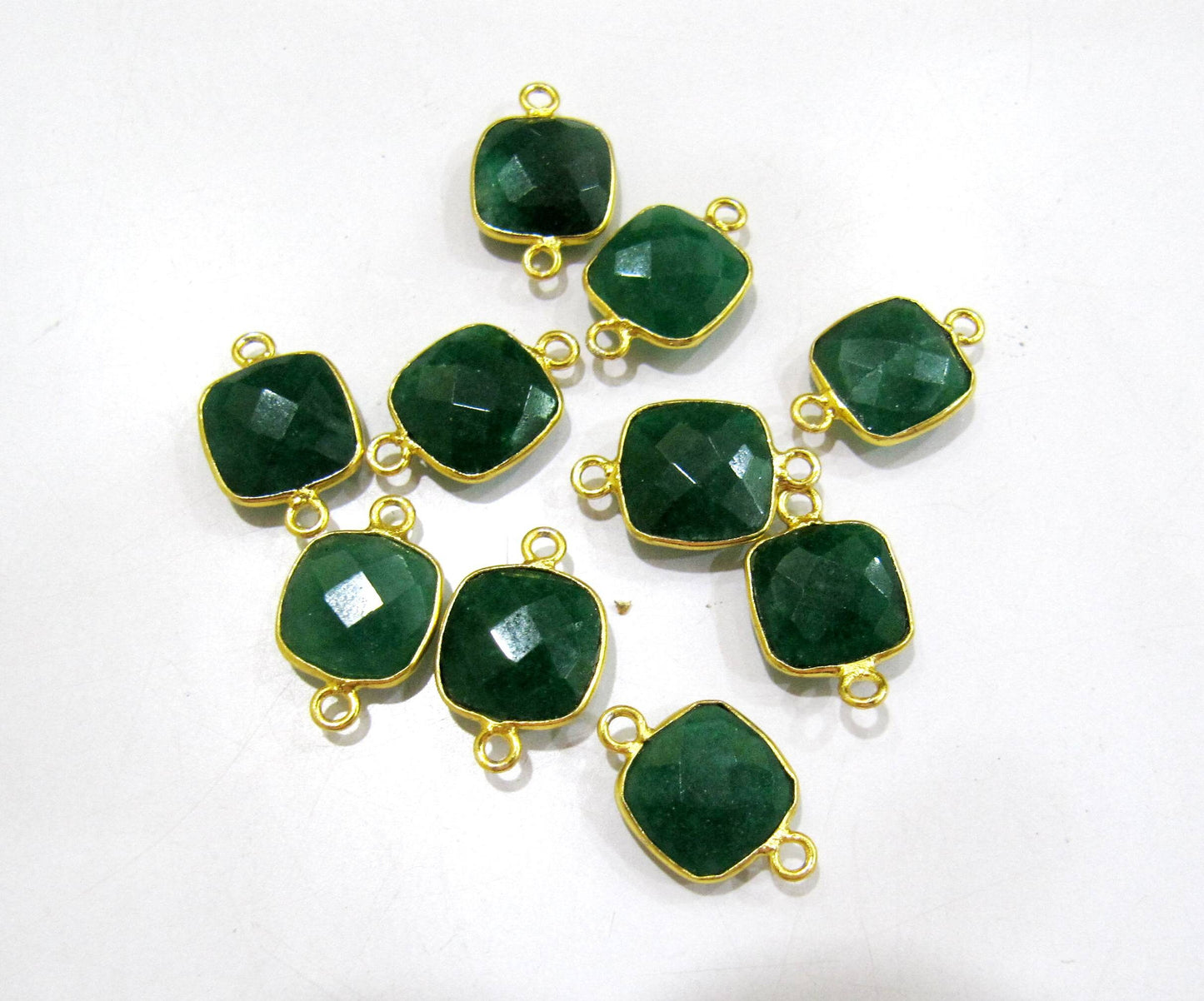 5 Pcs Set Dyed Emerald Cushion Shape Square 10mm Briolette Connectors Double Loop Emerald Bezel Jewelry Making Connectors