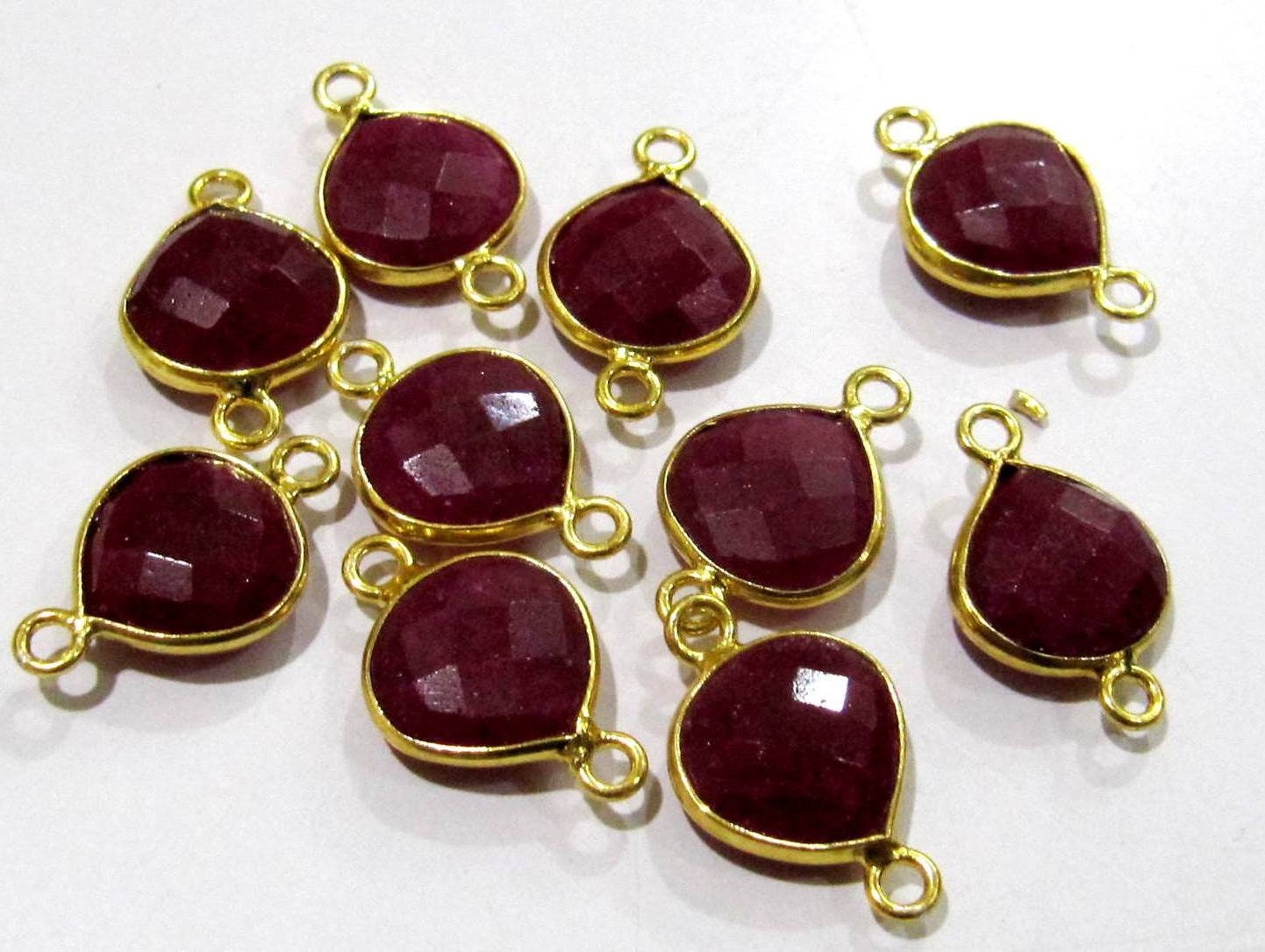 2 Piece Set Ruby Heart Shape Square 10 mm Briolette Connectors Double Loop  Bezel Charms Jewelry Making Bezel Connectors
