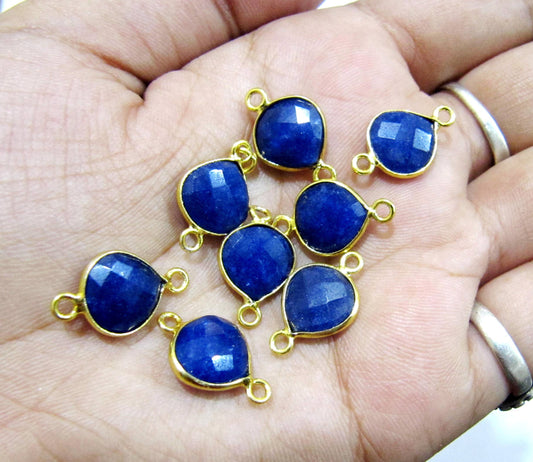 2 Piece Set Dyed Blue Sapphire Heart Shape 10mm Briolette Connectors Blue sapphire Double Loop Bezel Jewelry Making Bezel Connectors Charms