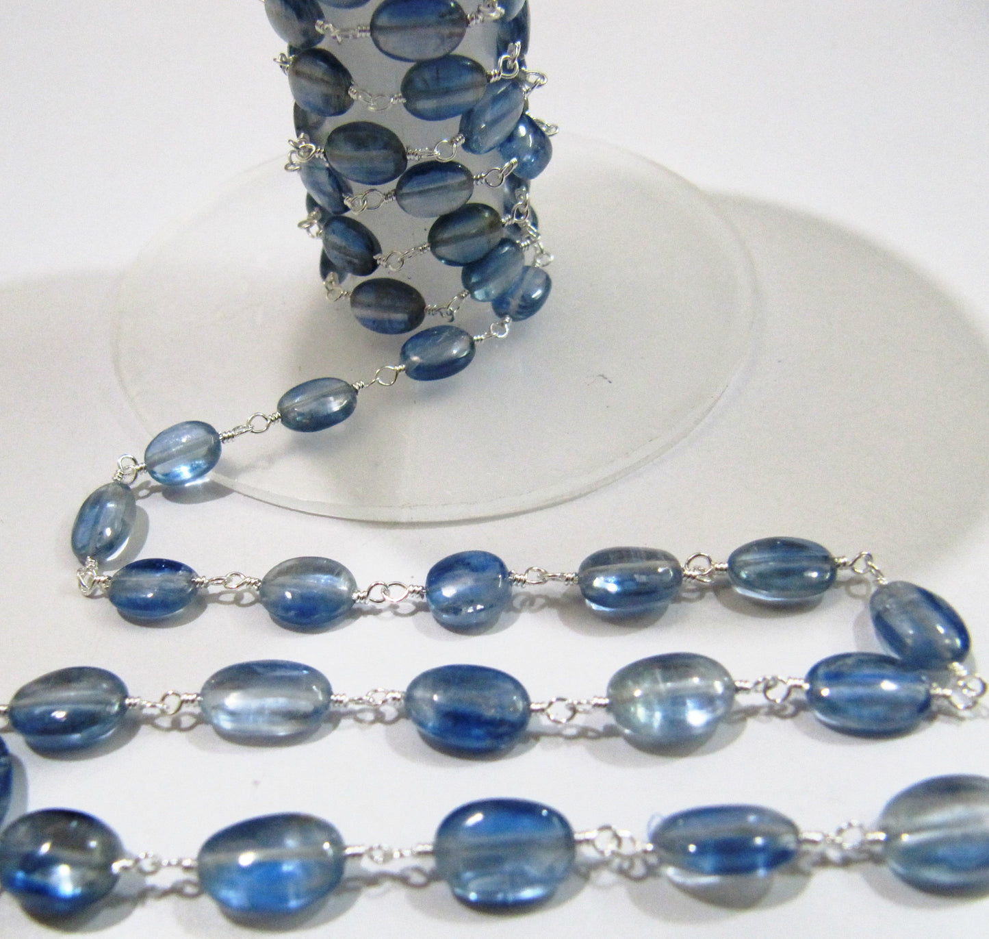 Natural Blue Kyanite Oval Plain Smooth 6x8 to 7x10mm Beaded Rosary Chain Sold Per Foot High Quality Wholesale Price Gemstone chain
