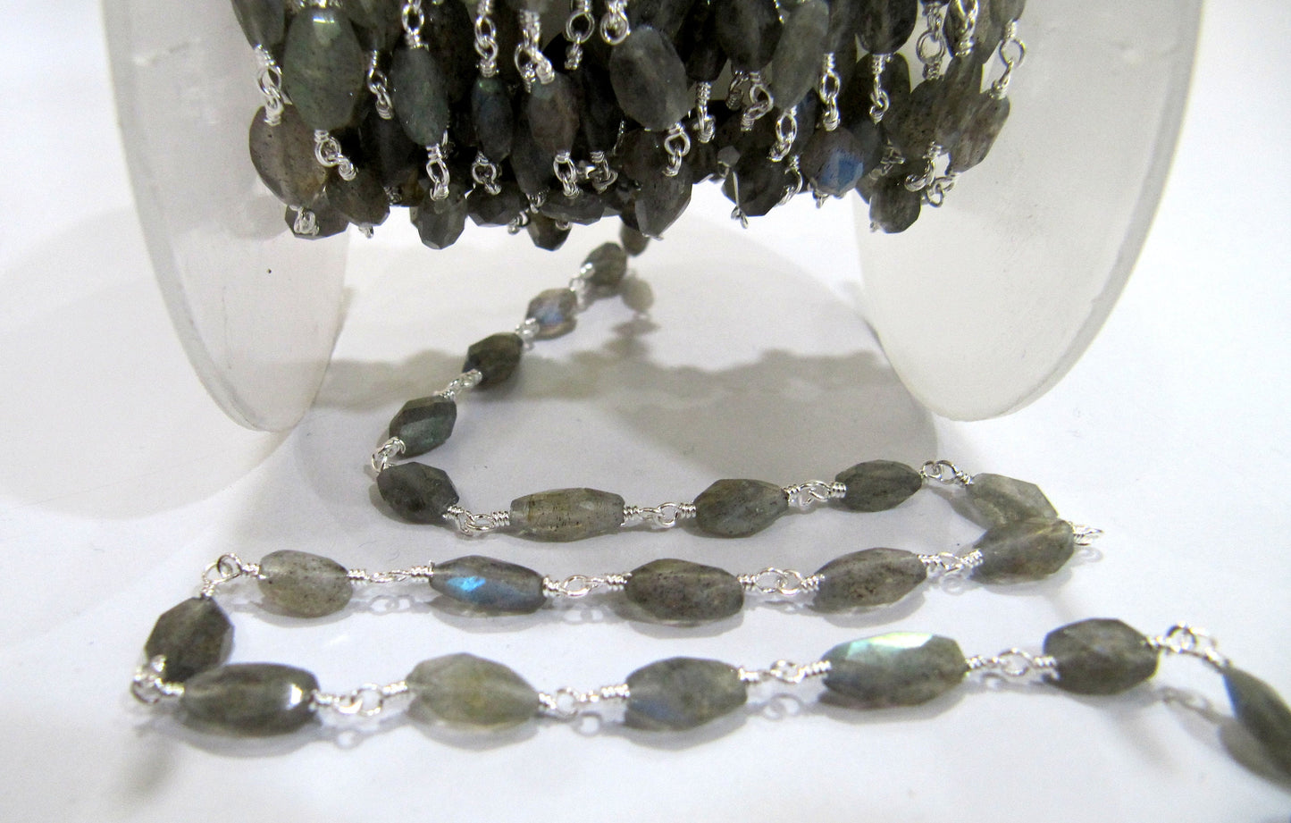 Natural Labradorite  Oval Faceted Gray Beaded Rosary Chain High Quality Semi Precious Beads Wholesale Prices Gemstone chain sold per foot