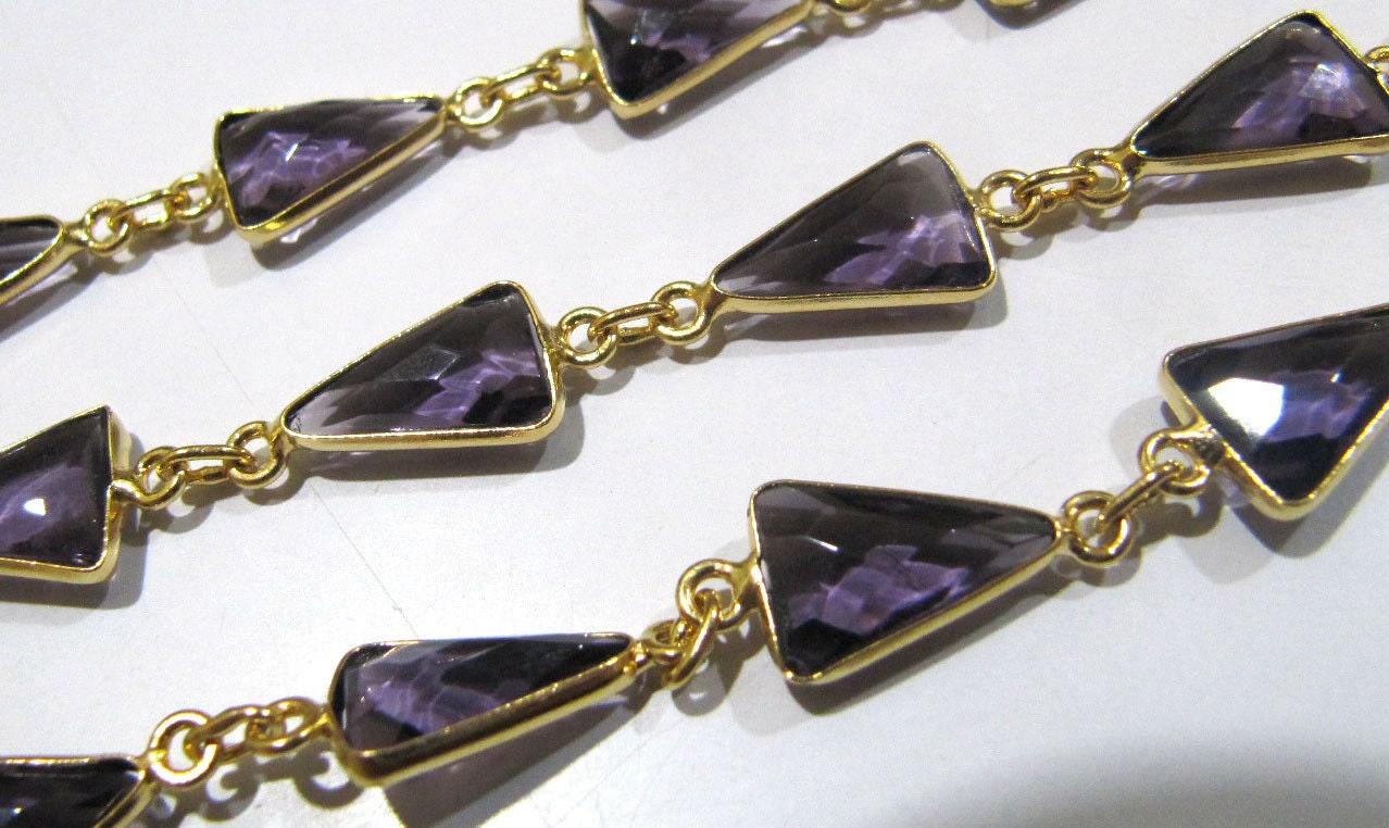 Amethyst Quartz Trillion Shape Briolette Faceted Bezel Connector Chain 9x13mm  Sold Per Foot High Quality Wholesale Prices