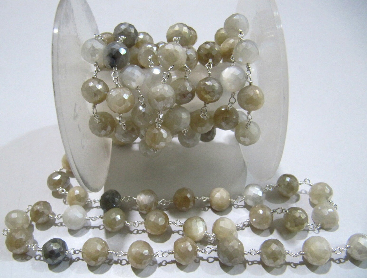 Natural Multi Moonstone Silverite AB Coated Round Briolette Faceted 6 to 9mm  Beaded Rosary Chain High Quality Wholesale Price Sold per foot