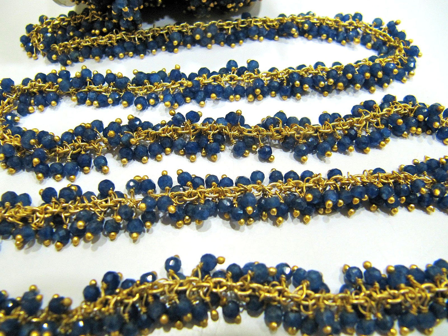 Blue Sapphire Rondelle Faceted Cluster Grape Rosary Chain Size 3mm Wire Wrap Dangling Beaded Gold Plated Sold Per Foot Wholesale Prices