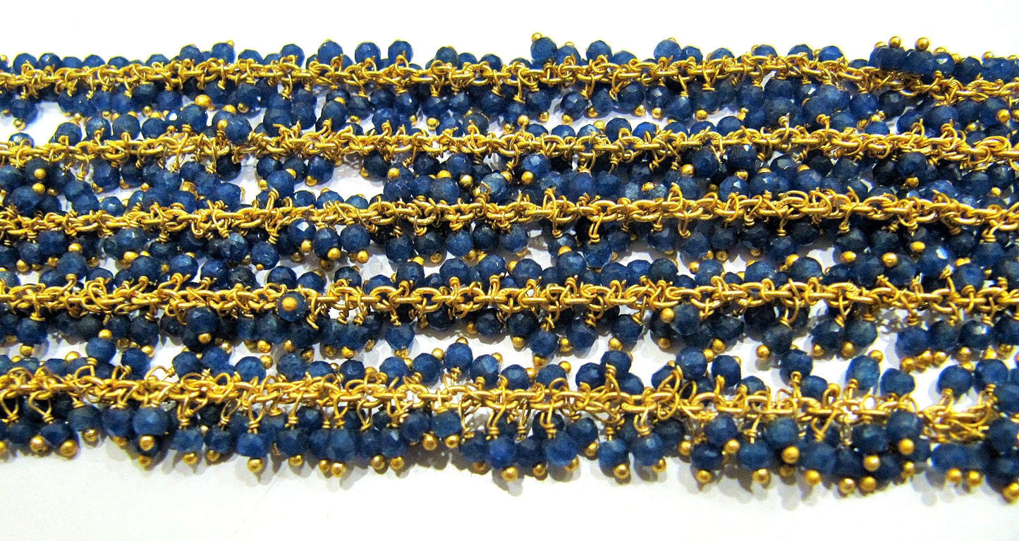 Blue Sapphire Rondelle Faceted Cluster Grape Rosary Chain Size 3mm Wire Wrap Dangling Beaded Gold Plated Sold Per Foot Wholesale Prices