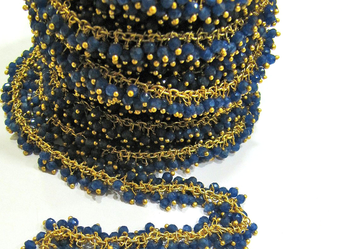 Blue Sapphire Rondelle Faceted Cluster Grape Rosary Chain Size 3mm Wire Wrap Dangling Beaded Gold Plated Sold Per Foot Wholesale Prices