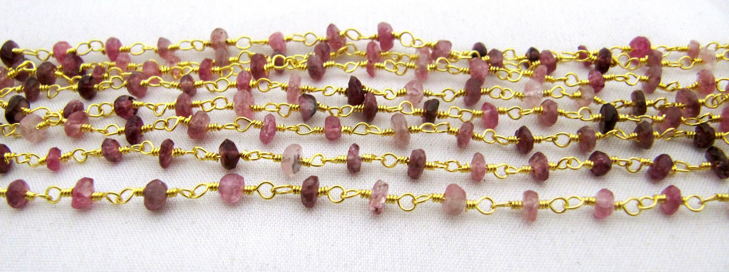 Natural Pink tourmaline Rondelle Faceted Beaded  3-4mm Size Tourmaline Bead Rosary Chain Wholesale Prices gemstone chain Per foot