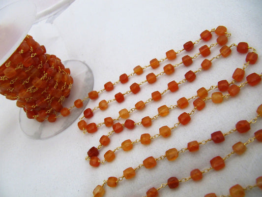 Natural Carnelian  Cube Box Shape Faceted Beaded Size 6-7mm Red Onxy Cube shape Rosary Chain Wholesale Prices Sold Per Foot  chain