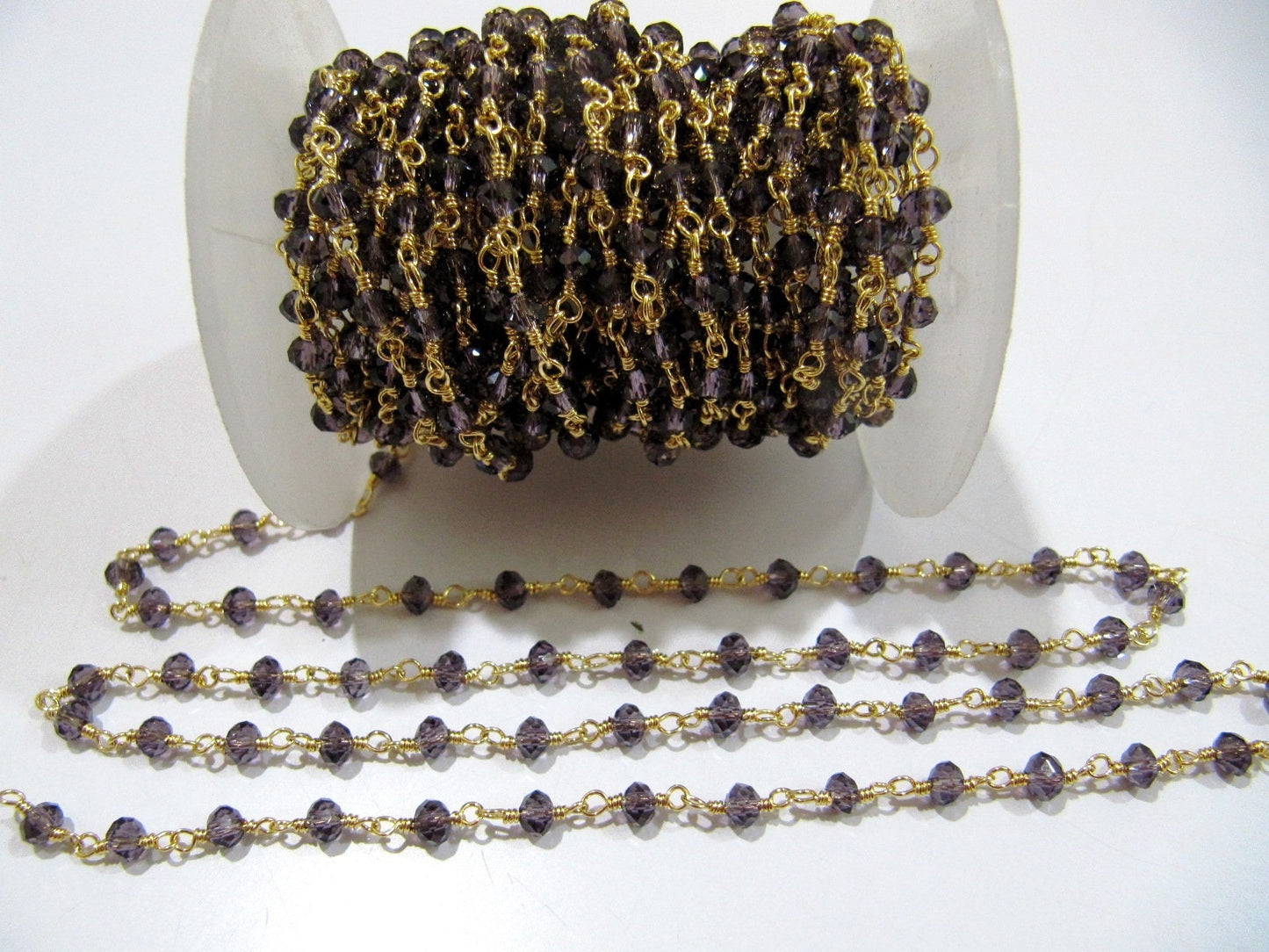Purple Amethyst Hydro Quartz Rondelle Faceted 3-4mm Size Beaded Wire Wrapped Chain Wholesale Prices Handmade Crystal Chains sold per foot