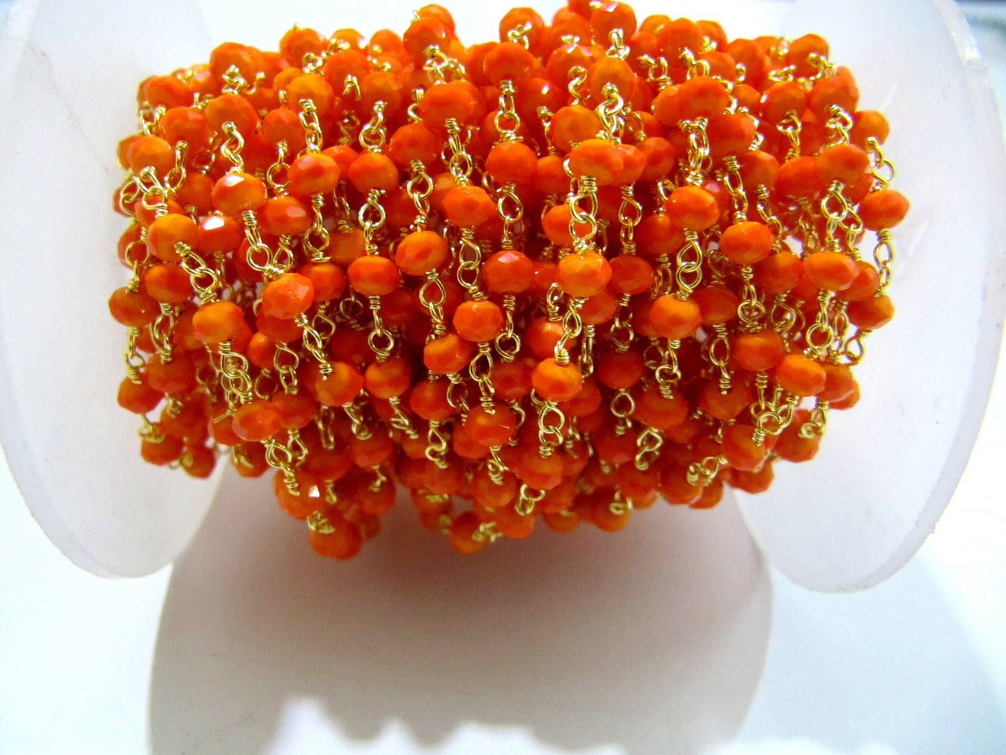 3 Feet- Orange Chalcedony Hydro Quartz Rosary Chain Rondelle Faceted 3-4mm beaded Wire Wrapped chain sold in Wholesale prices