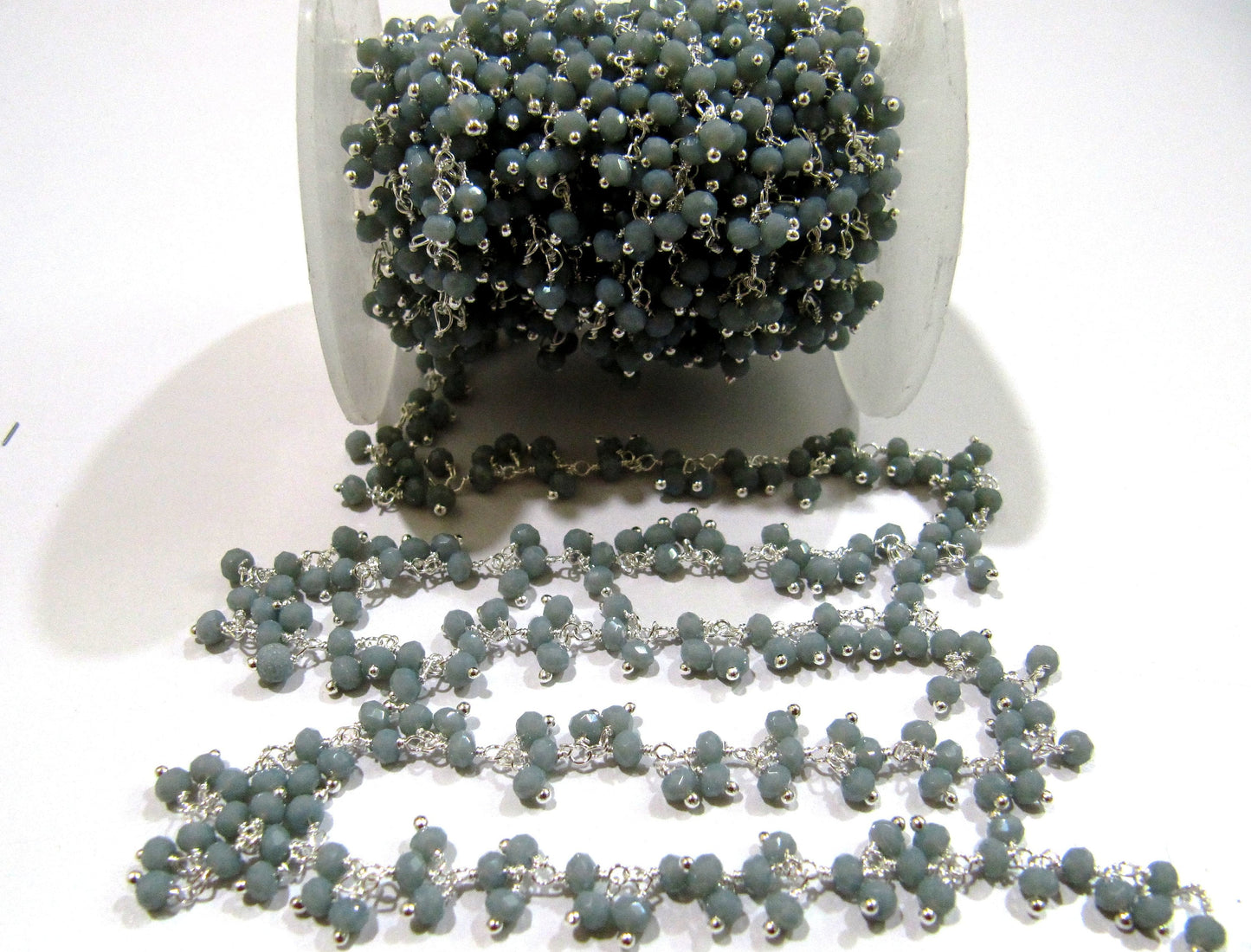Grey Moonstone  Hydro Quartz Dangling Cluster Beaded Rosary Chain Rondelle Faceted 3-4mm Beads Wire Wrapped chain sold per foot