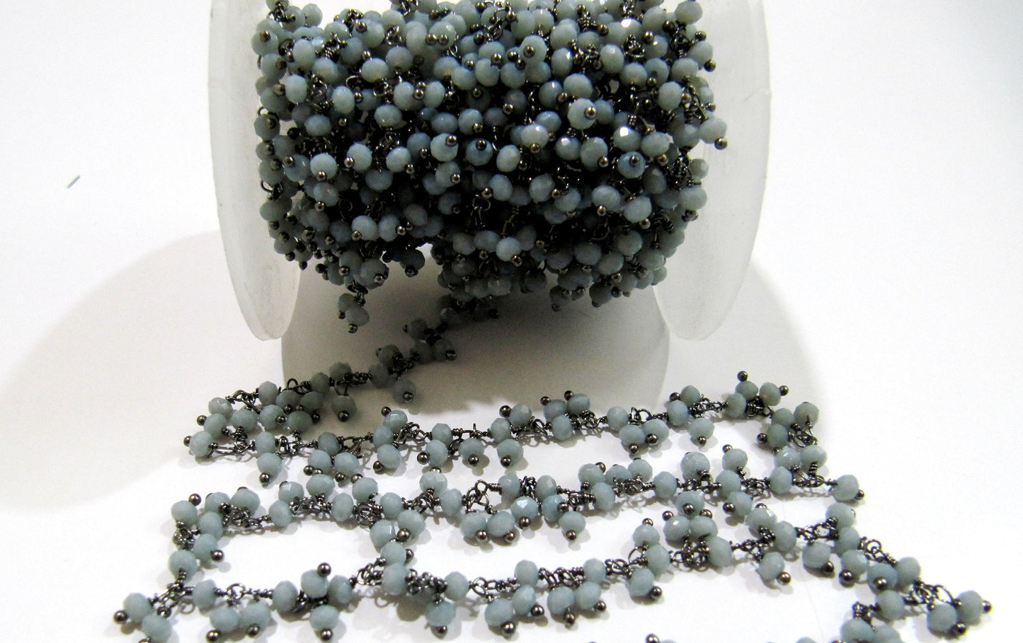Grey Moonstone  Hydro Quartz Dangling Cluster Beaded Rosary Chain Rondelle Faceted 3-4mm Beads Wire Wrapped chain sold per foot
