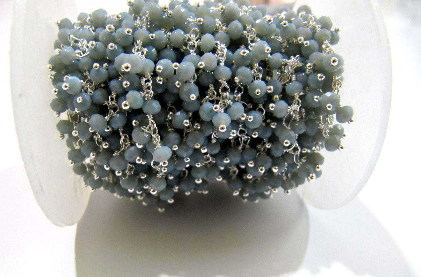 Grey Moonstone  Hydro Quartz Dangling Cluster Beaded Rosary Chain Rondelle Faceted 3-4mm Beads Wire Wrapped chain sold per foot