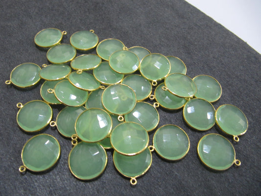 6 Pcs Set Green Chalcedony Round coin Shape 20mm Briolette Connectors Green Chalcedony Plated Single  Loop Bezel Jewelry Making  Connector