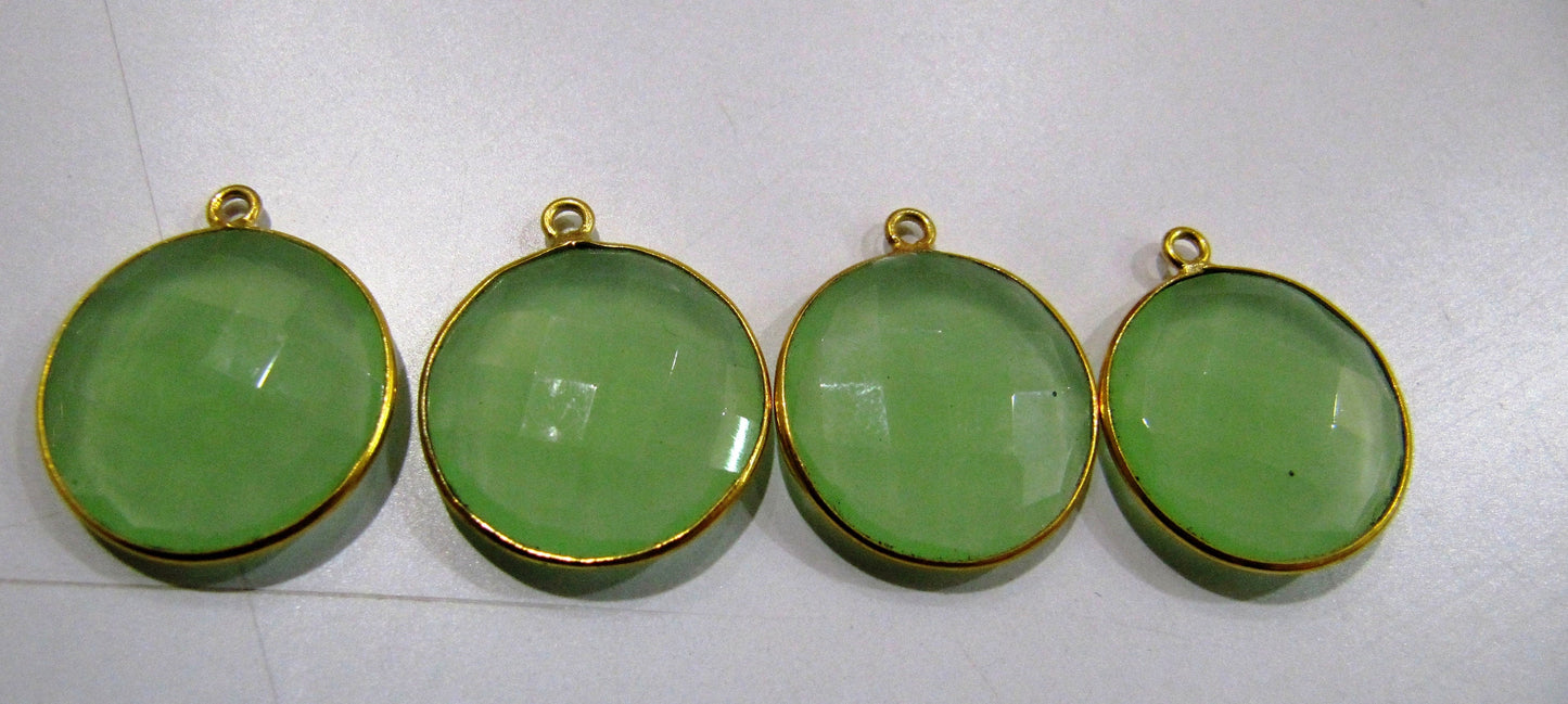 6 Pcs Set Green Chalcedony Round coin Shape 20mm Briolette Connectors Green Chalcedony Plated Single  Loop Bezel Jewelry Making  Connector