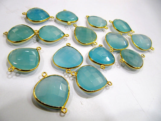 2 Pcs Set Aqua Blue Chalcedony Heart Shape 20mm Briolette Connectors  Chalcedony Double Loop Bezel Jewelry Making Bezel Connectors