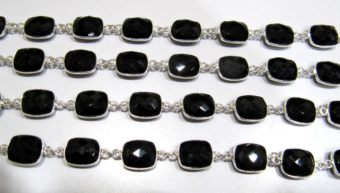 Natural Black Spinel Cushion Shape Size 11x13mm Briolette Faceted Rectangle Bezel Connector Chain Sold Per Foot High Quality Wholesale Price